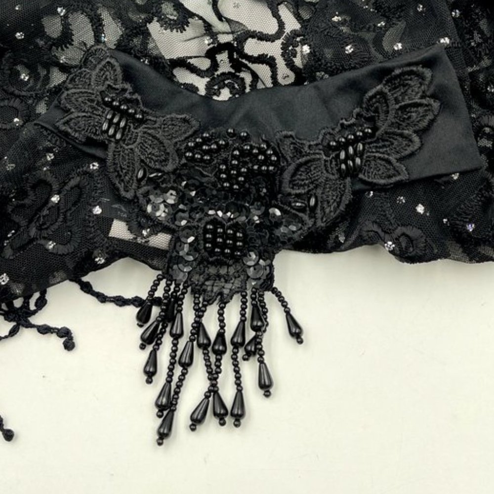 Victorian Vintage High Neck Capelet Black Womens M / L Sheer Beaded Fringed Cape - Picture 13 of 15